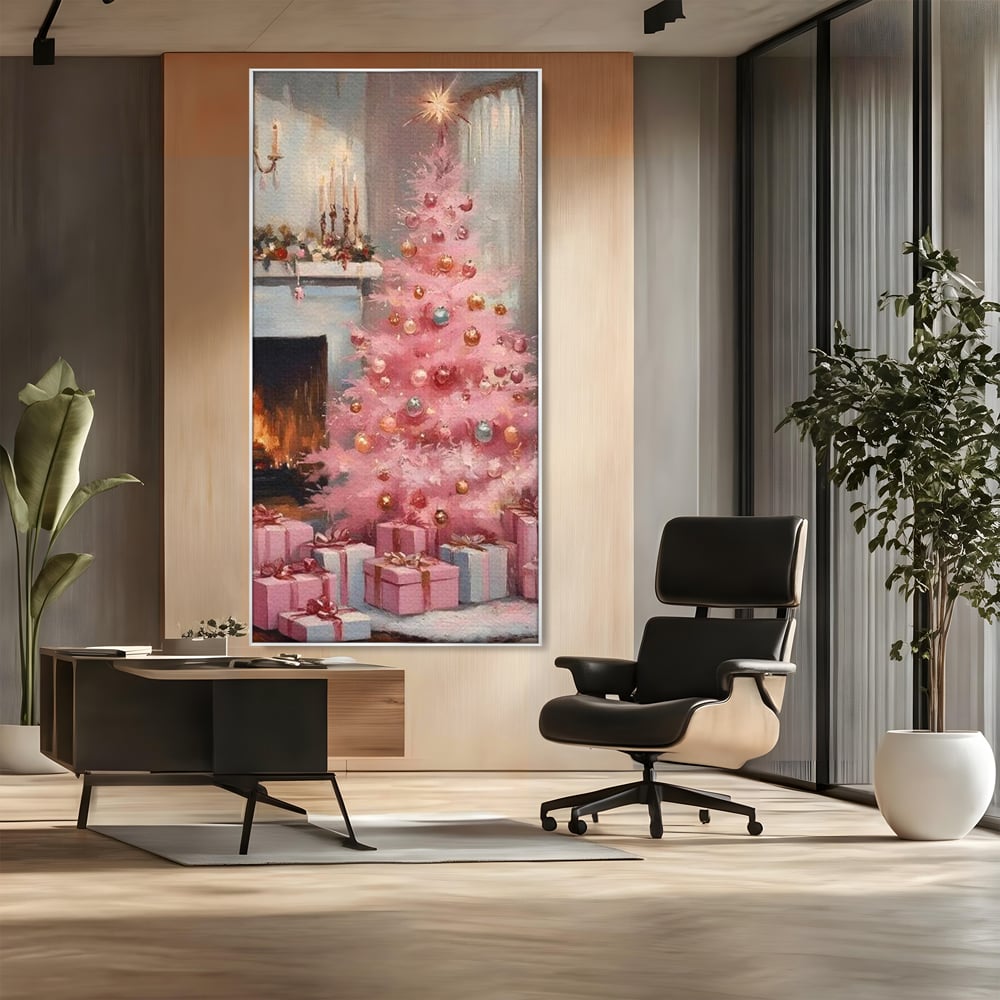 Tablou canvas cu pictura cu brad roz si semineu, in rama de aluminiu argintiu, pe perete intr-un birou